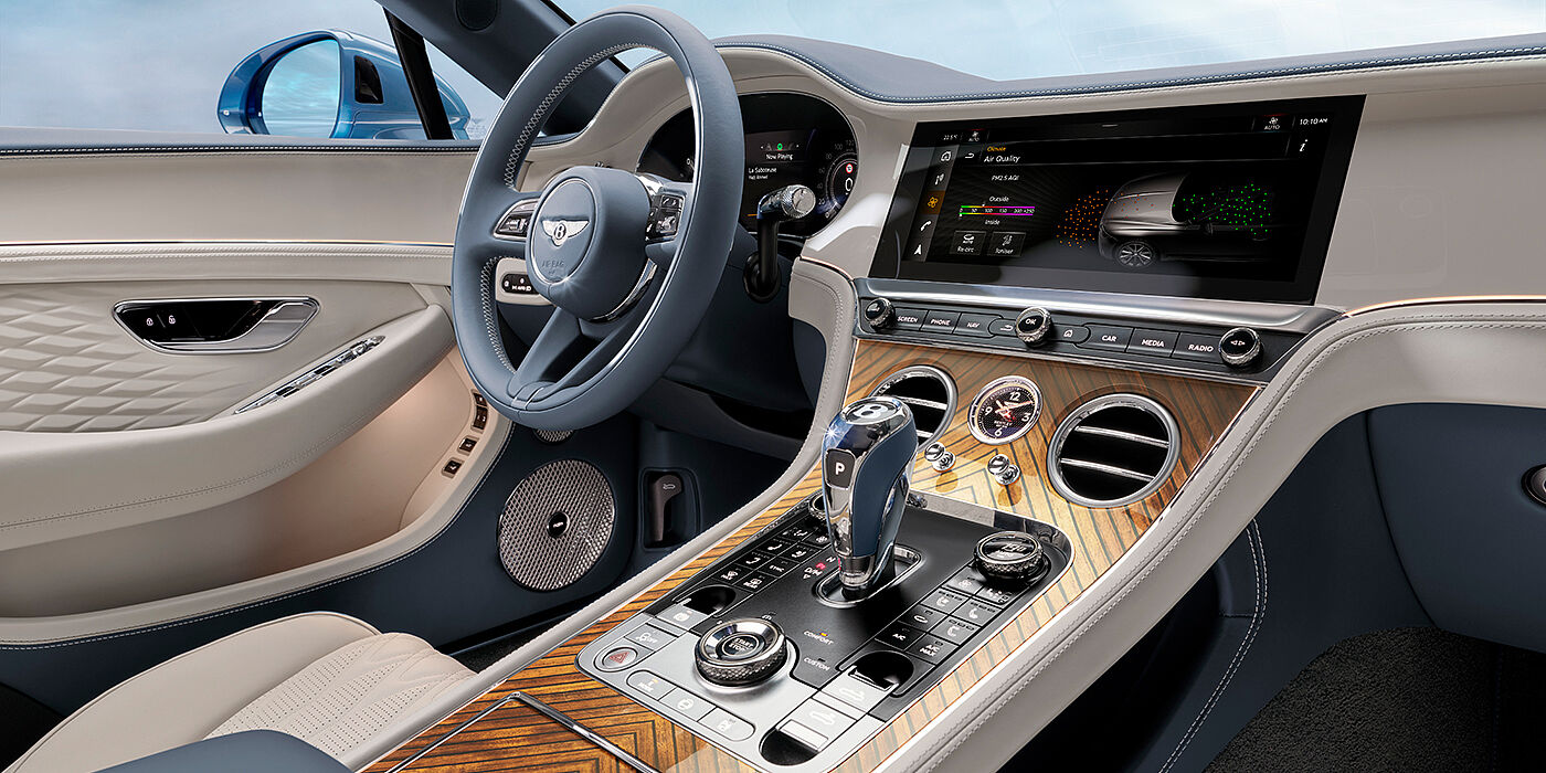 Bentley Lisboa New Bentley Continental GTC Azure convertible interior front cabin view with Linen and Brunel hides and Piano Linen by Mulliner veneer featuring centre console and centre MMI screen