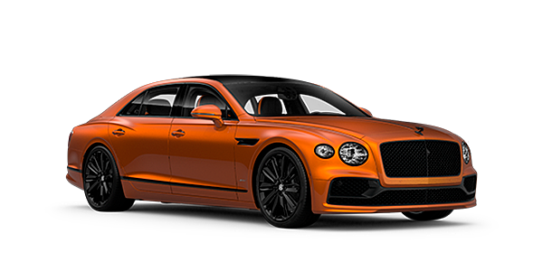 Bentley Lisboa Bentley Flying Spur Speed front side angled view in Orange Flame coloured exterior. 