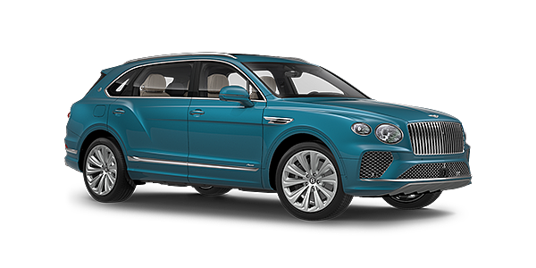 Bentley Lisboa Bentayga Extended Wheelbase Azure luxury SUV front three quarter in Topaz Blue by Mulliner paint